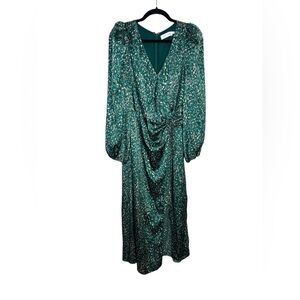 FLORET STUDIOS Elegant Long Sleeve Satin Faux Wrap Midi Dress Size Medium Green